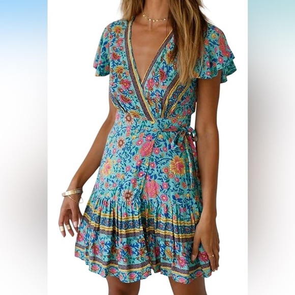 Summer Wrap V Neck Dresses Bohemian Floral Print Ruffle Swing XL - Picture 13 of 14